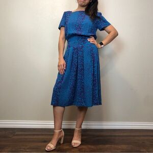 Vintage Brenner Petites Square Neckline Blue Purple Print Dress Size XS or 2